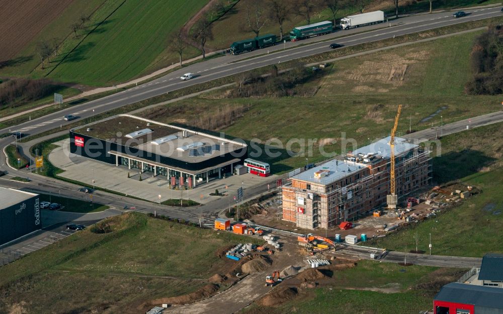 Ettenheim from the bird's eye view: New building construction site in the industrial park Radackern along the Bundesstrasse 3 in Ettenheim in the state Baden-Wurttemberg, Germany