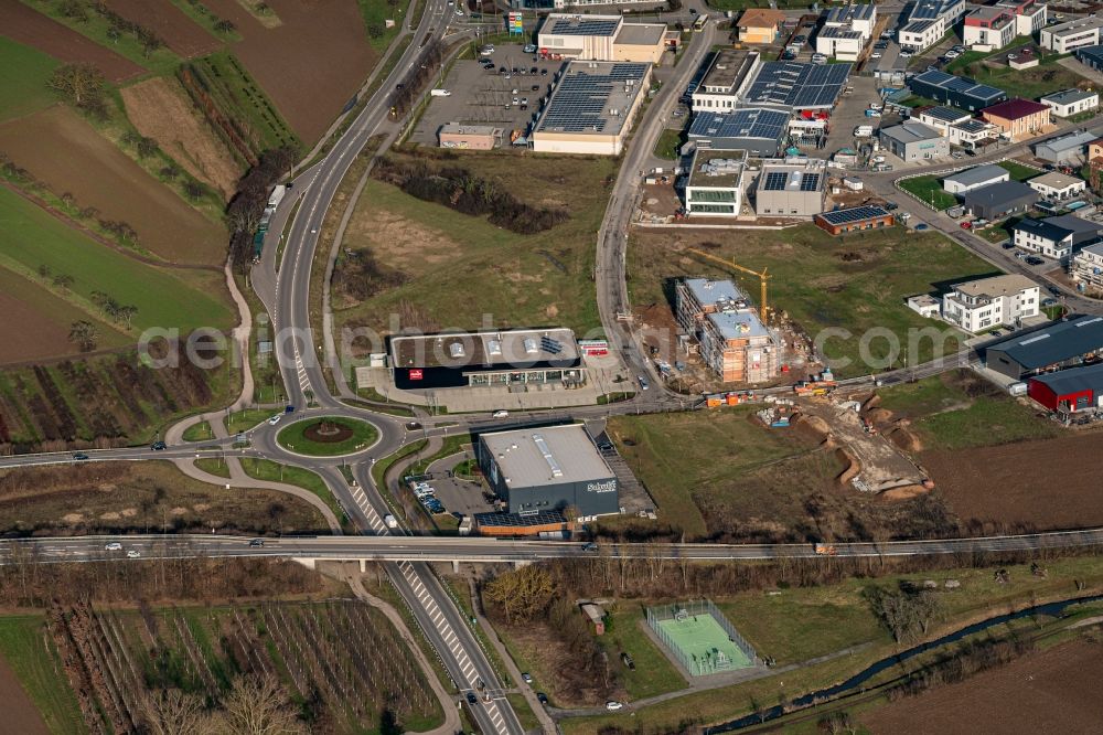Ettenheim from the bird's eye view: New building construction site in the industrial park Radackern along the Bundesstrasse 3 in Ettenheim in the state Baden-Wurttemberg, Germany