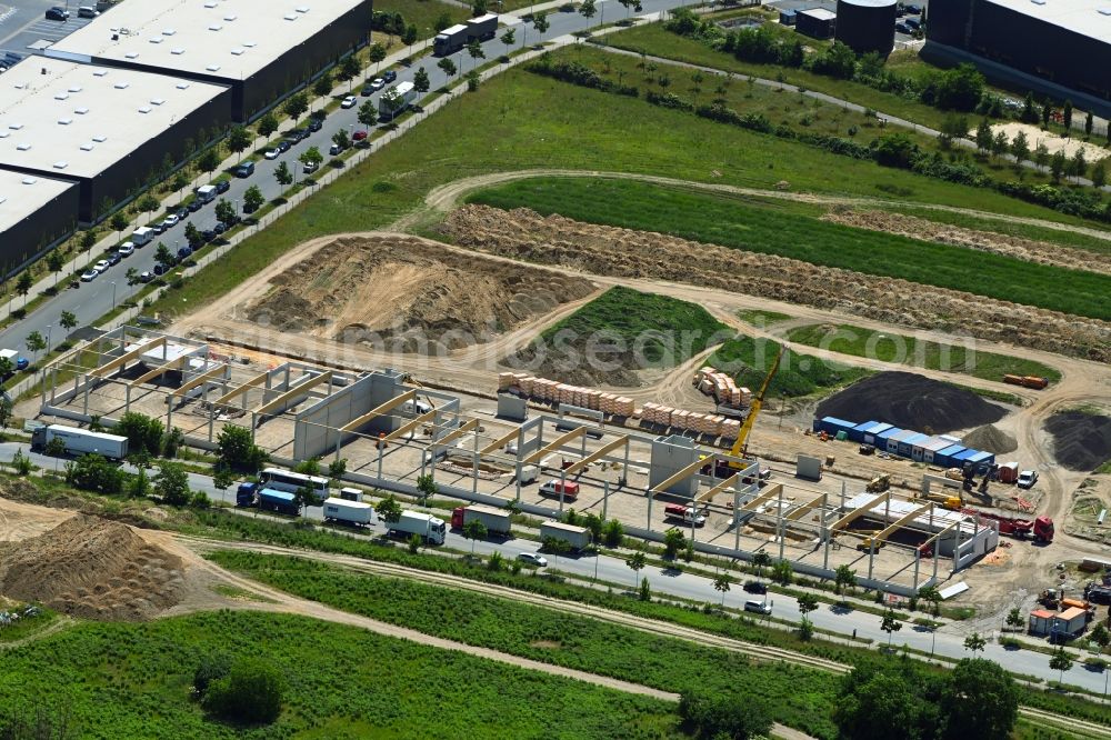 Berlin from the bird's eye view: New building construction site for extension in the industrial park of SEGRO AIRPORT PARK between Ludwig-Prandtl-Strasse - Melitta-Schiller-Strasse - Gebrueder-Hirth-Strasse in the district Bohnsdorf in Berlin, Germany