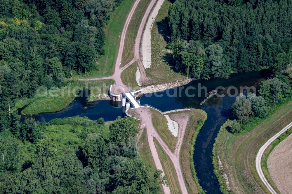 Schwanau from the bird's eye view: New construction of a flood - retention basin and protective dam construction Am Altrhein in Schwanau in the state Baden-Wuerttemberg, Germany