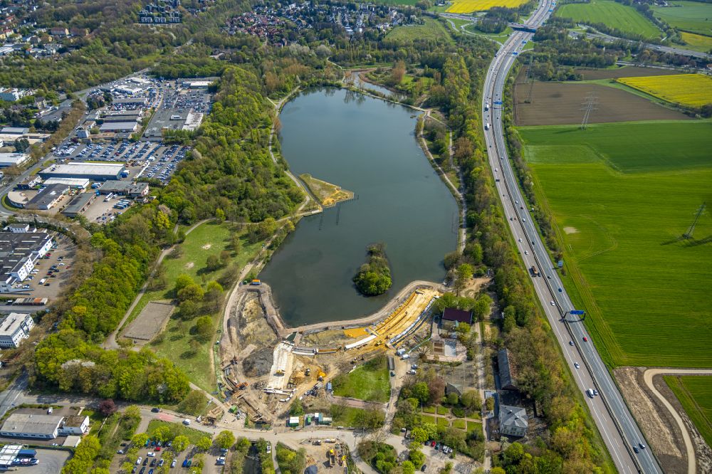 Aerial image Bochum - New construction of a flood - retention basin and protective dam construction on Harpener Bach - Uemminger See in the district Laer in Bochum at Ruhrgebiet in the state North Rhine-Westphalia, Germany