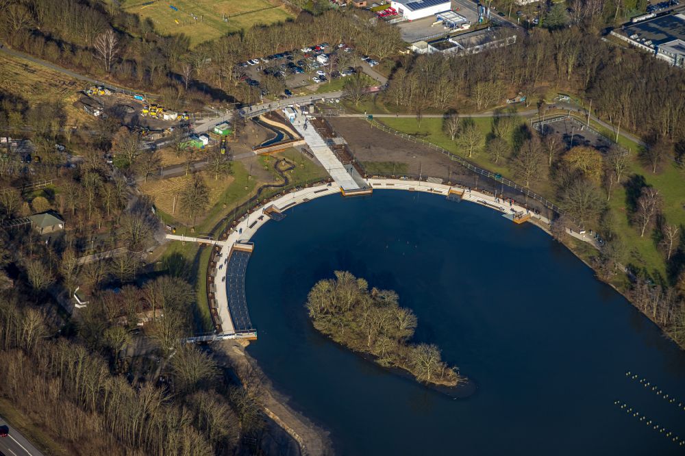Aerial image Bochum - New construction of a flood - retention basin and protective dam construction on Harpener Bach - Uemminger See in the district Laer in Bochum at Ruhrgebiet in the state North Rhine-Westphalia, Germany