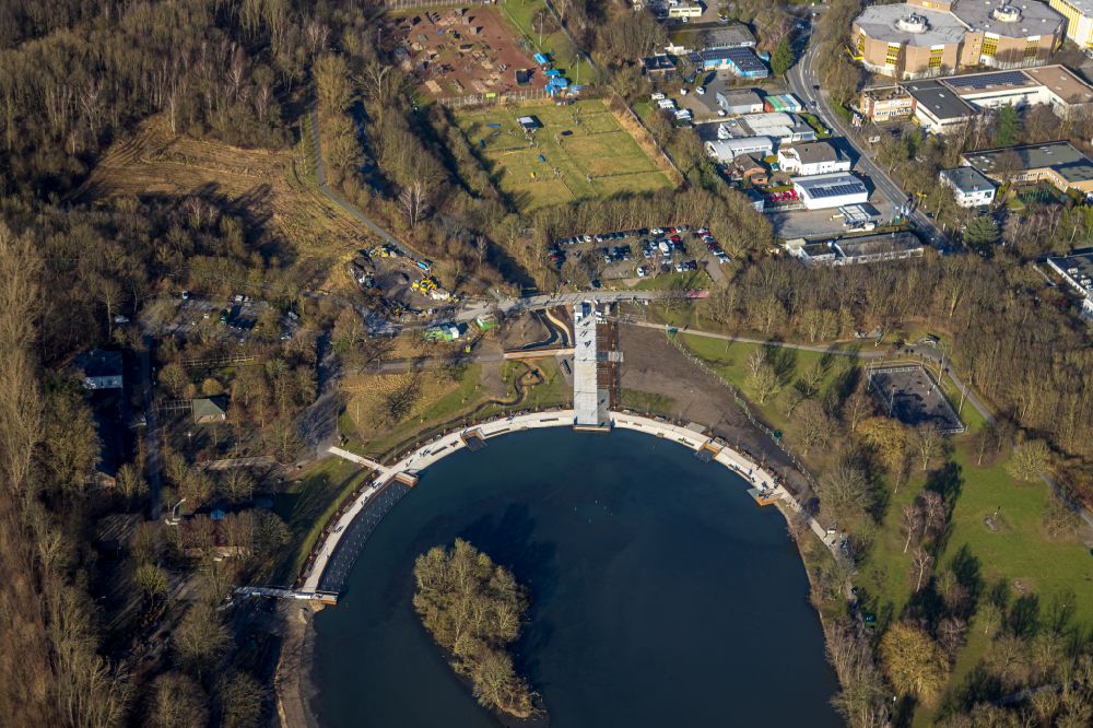 Aerial photograph Bochum - New construction of a flood - retention basin and protective dam construction on Harpener Bach - Uemminger See in the district Laer in Bochum at Ruhrgebiet in the state North Rhine-Westphalia, Germany