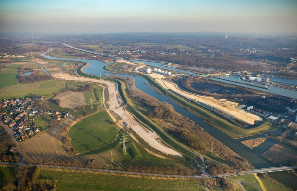 Aerial image Haltern am See - New construction of a flood - retention basin and protective dam construction on Lippedeich near Mersch in Haltern am See in the state North Rhine-Westphalia, Germany