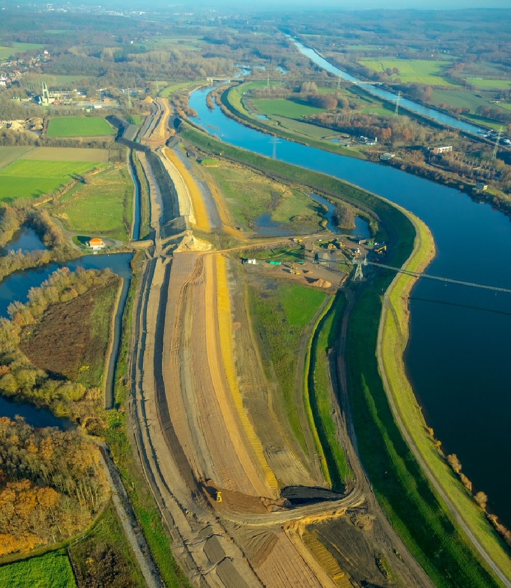 Aerial photograph Haltern am See - New construction of a flood - retention basin and protective dam construction on Lippedeich near Mersch in Haltern am See in the state North Rhine-Westphalia, Germany