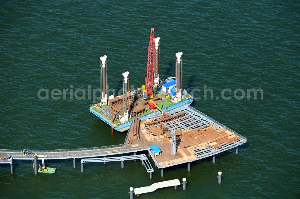Koserow from the bird's eye view: Construction site for the new Seebruecke Koserow in Koserow on the island of Usedom in the state Mecklenburg-Western Pomerania in Germany