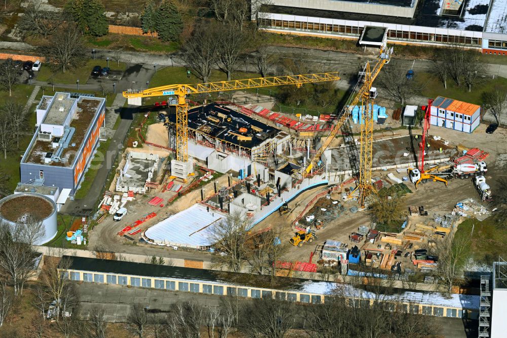 Aerial image Berlin - New construction site of the administration building and situation center for the radiological emergency response of the state authority BfS Federal Office for Radiation Protection on the street Koepenicker Allee in the district Karlshorst in Berlin, Germany