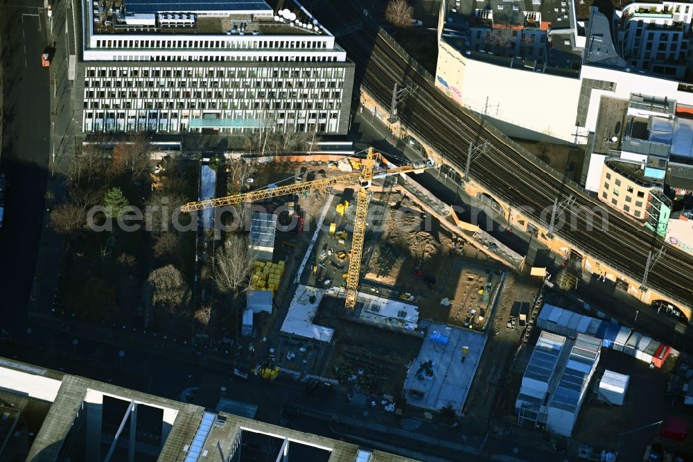 Aerial image Berlin - New construction site Administrative buildings of the state authority of Bundestag with the office space between Adele-Schreiber-Krieger-Strasse and Margarete-Steffin-Strasse in Berlin, Germany
