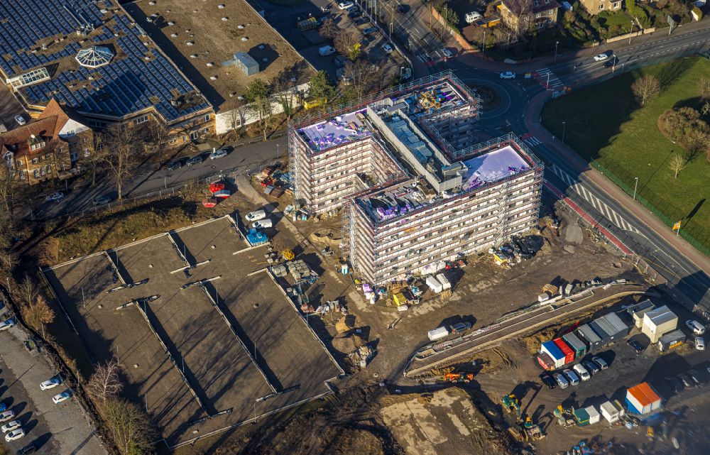Unna from the bird's eye view: New construction site Administrative buildings of the state authority Job center - employment office - Viktoriastrasse on street Hammer Strasse - Viktoriastrasse in Unna at Ruhrgebiet in the state North Rhine-Westphalia, Germany