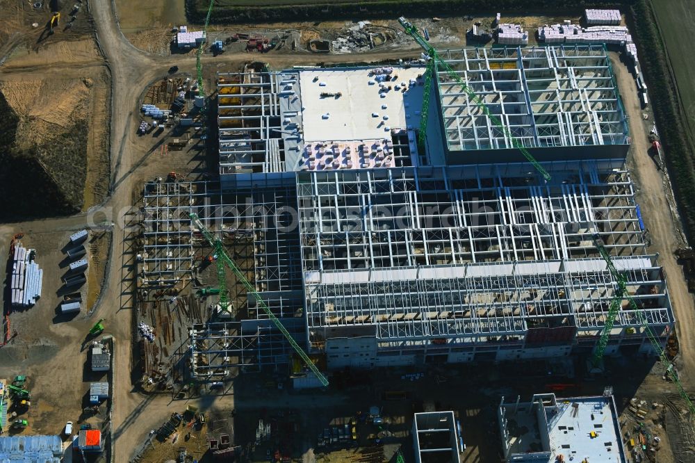 Leipzig from the bird's eye view: New building - construction site on the factory premises of Beiersdorf AG on Maximilianallee and Podelwitzer Strasse in Seehausen in the state Saxony, Germany