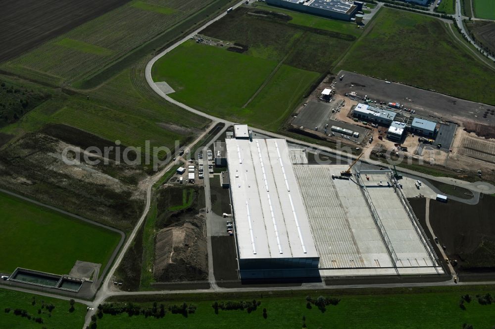 Amt Wachsenburg from above - New building - construction site on the factory premises of European Modular Constructions GmbH at the industrial area Erfurter Kreuz in the district Thoerey in Amt Wachsenburg in the state Thuringia, Germany