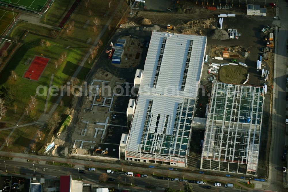 Aerial photograph Berlin - New building - construction site on the factory premises of Jonas & Redmann Group GmbH on Segelfliegerdonm in the district Johannisthal in Berlin, Germany
