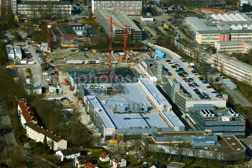 Aerial photograph Stuttgart - New building - construction site on the factory premises of Porsche Zentrum Stuttgart on Lorenzstrasse in the district Zuffenhausen-Schuetzenbuehl in Stuttgart in the state Baden-Wurttemberg, Germany