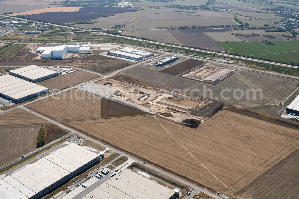 Aerial photograph Halle (Saale) - New building - construction site on the factory premises of Schuler Pressen GmbH and the Dr. Ing. h.c. F. Porsche AG at Industriegebiet Star Park Halle A 14 in the district Peissen in Halle (Saale) in the state Saxony-Anhalt, Germany