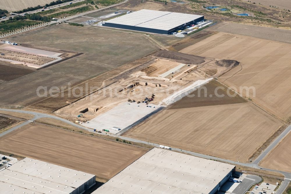 Halle (Saale) from above - New building - construction site on the factory premises of Schuler Pressen GmbH and the Dr. Ing. h.c. F. Porsche AG at Industriegebiet Star Park Halle A 14 in the district Peissen in Halle (Saale) in the state Saxony-Anhalt, Germany
