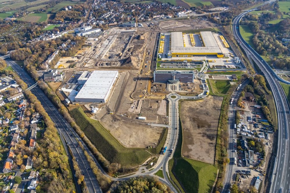 Bochum from the bird's eye view: New building - construction site on the factory premises of the Wabtec Corporation concern in the development area MARK 51A?7 in the district Laer in Bochum in the state North Rhine-Westphalia, Germany