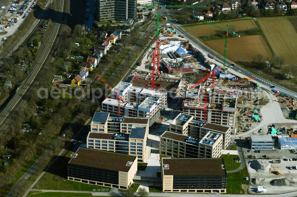 Aerial image Kornwestheim - New building - construction site on the factory premises of the Wuestenrot campus of the Wuestenrot & Wuerttembergische AG on Ludwigsburger Strasse - Hohenzollernstrasse in Kornwestheim in the state Baden-Wuerttemberg, Germany