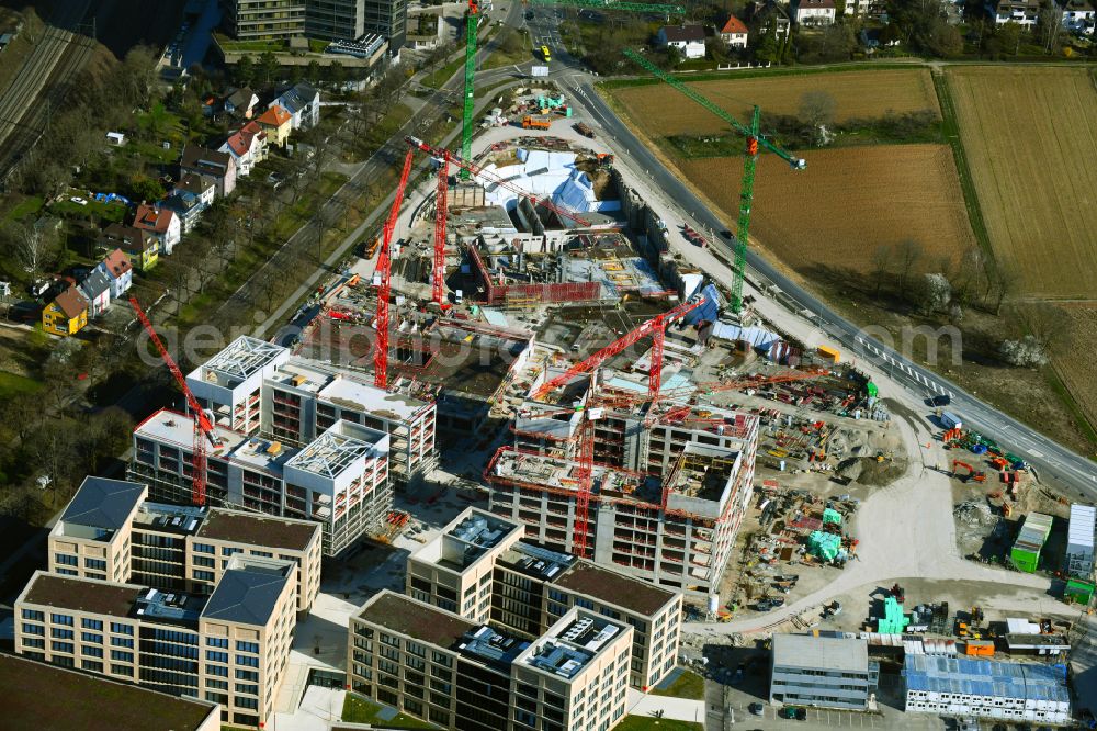 Kornwestheim from above - New building - construction site on the factory premises of the Wuestenrot campus of the Wuestenrot & Wuerttembergische AG on Ludwigsburger Strasse - Hohenzollernstrasse in Kornwestheim in the state Baden-Wuerttemberg, Germany