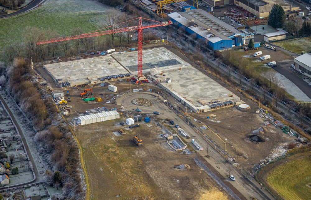 Bochum from the bird's eye view: New building - construction site of buildings and production halls of the central kitchen of the St. Elisabeth Group and Catholic Clinic Bochum on Salzstrasse in the district Hiltrop in Bochum at Ruhrgebiet in the state North Rhine-Westphalia, Germany