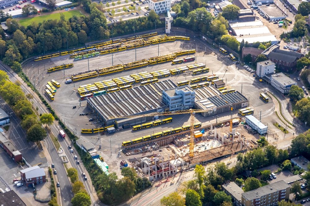 Aerial image Essen - Construction site of the depot of the Betriebswerkstatt Beuststrasse in the district Ostviertel in Essen in the state North Rhine-Westphalia, Germany