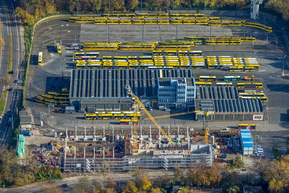 Essen from above - Construction site of the depot of the Betriebswerkstatt Beuststrasse in the district Ostviertel in Essen in the state North Rhine-Westphalia, Germany