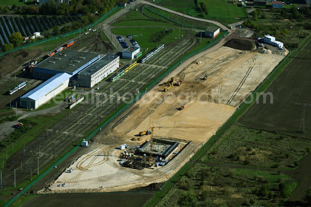 Aerial image Magdeburg - Construction site of the depot of the Magdeburger Verkehrsbetriebe in the district Rothensee in Magdeburg in the state Saxony-Anhalt, Germany