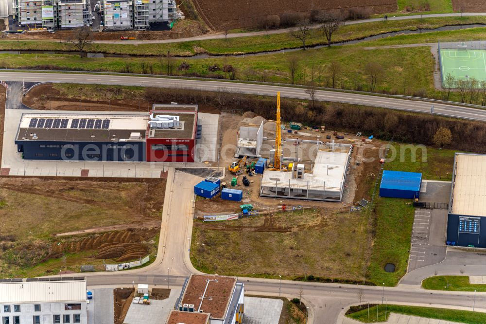 Ettenheim from the bird's eye view: New construction on the fire station area of the fire depot and rescue center on street Winefeldstrasse in Ettenheim in the state Baden-Wuerttemberg, Germany