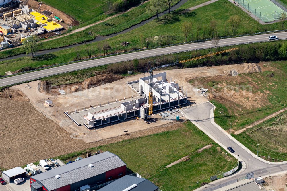 Ettenheim from above - New construction on the fire station area of the fire depot in Ettenheim in the state Baden-Wuerttemberg, Germany