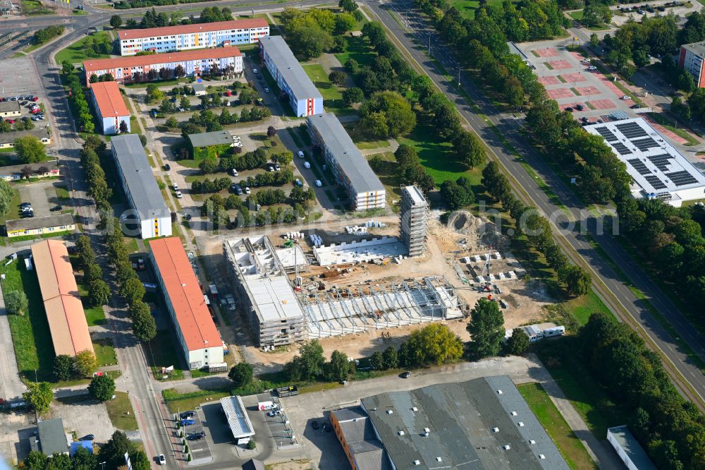 Schwedt/Oder from the bird's eye view: New construction on the fire station area of the fire depot Zentrale Feuerwache in Schwedt/Oder in the Uckermark in the state Brandenburg, Germany