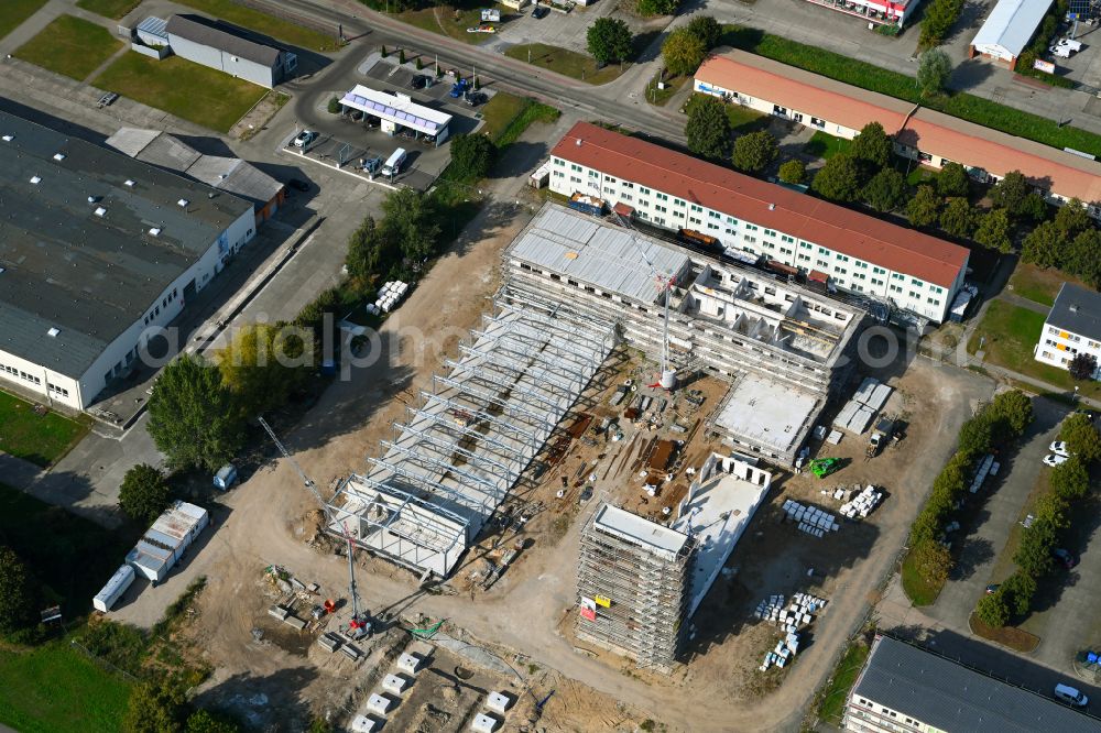 Aerial image Schwedt/Oder - New construction on the fire station area of the fire depot Zentrale Feuerwache in Schwedt/Oder in the Uckermark in the state Brandenburg, Germany