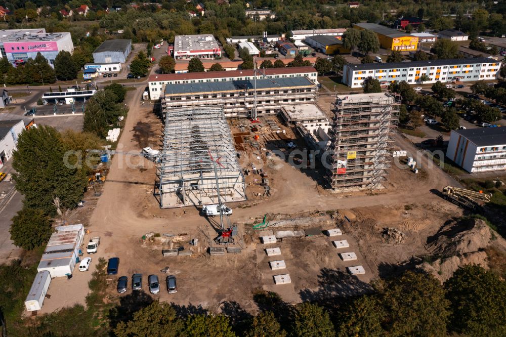 Aerial photograph Schwedt/Oder - New construction on the fire station area of the fire depot Zentrale Feuerwache in Schwedt/Oder in the Uckermark in the state Brandenburg, Germany