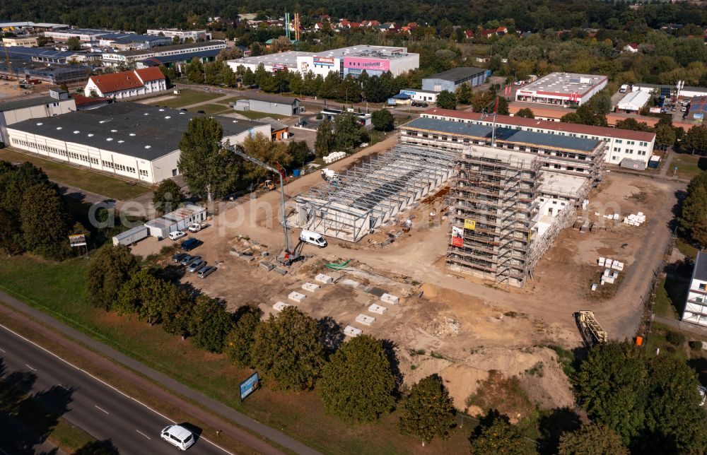 Schwedt/Oder from above - New construction on the fire station area of the fire depot Zentrale Feuerwache in Schwedt/Oder in the Uckermark in the state Brandenburg, Germany