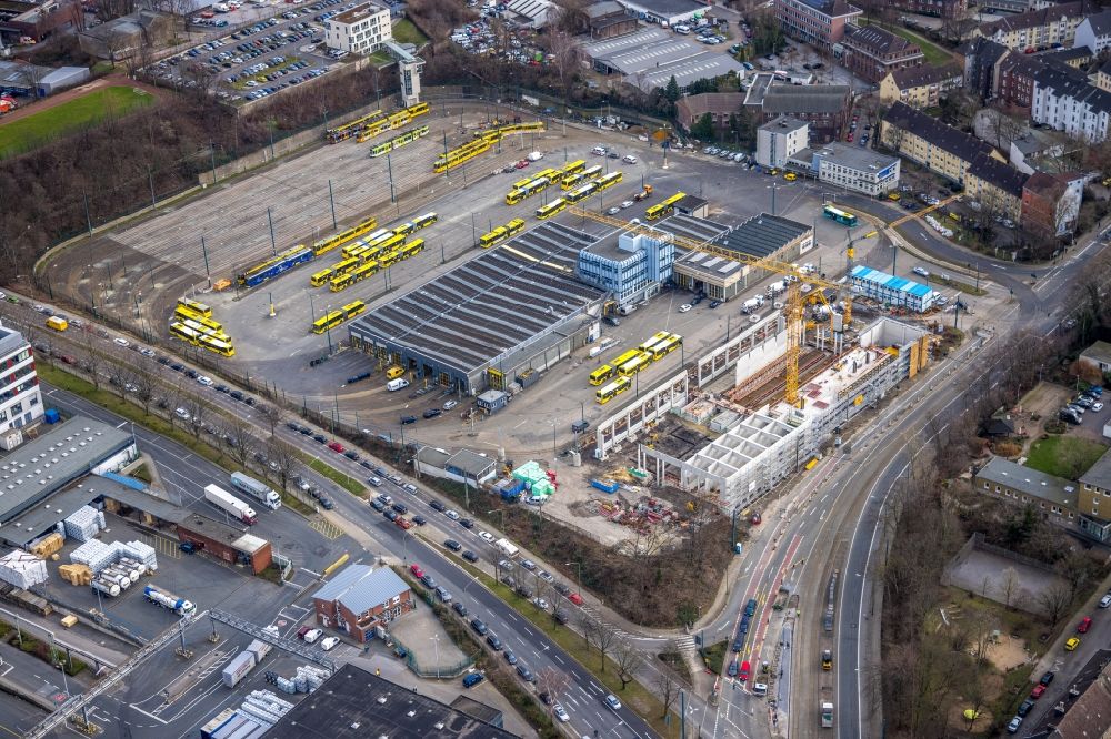 Essen from above - Construction site to build on the premises of the depot Betriebswerkstatt Beuststrasse in the district Ostviertel in Essen in the Ruhr area in the state North Rhine-Westphalia, Germany