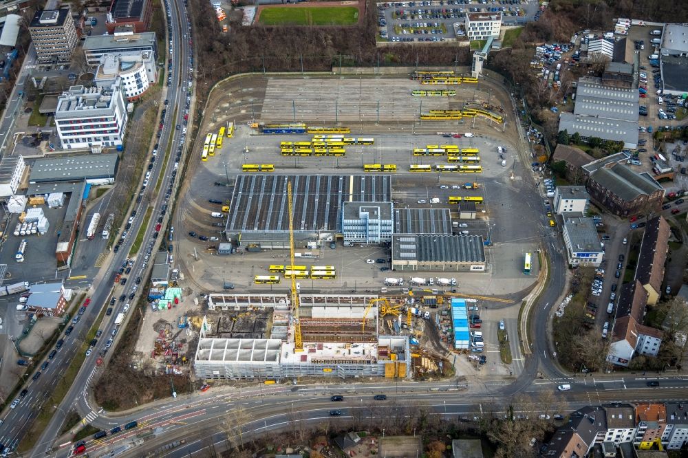 Essen from the bird's eye view: Construction site to build on the premises of the depot Betriebswerkstatt Beuststrasse in the district Ostviertel in Essen in the Ruhr area in the state North Rhine-Westphalia, Germany