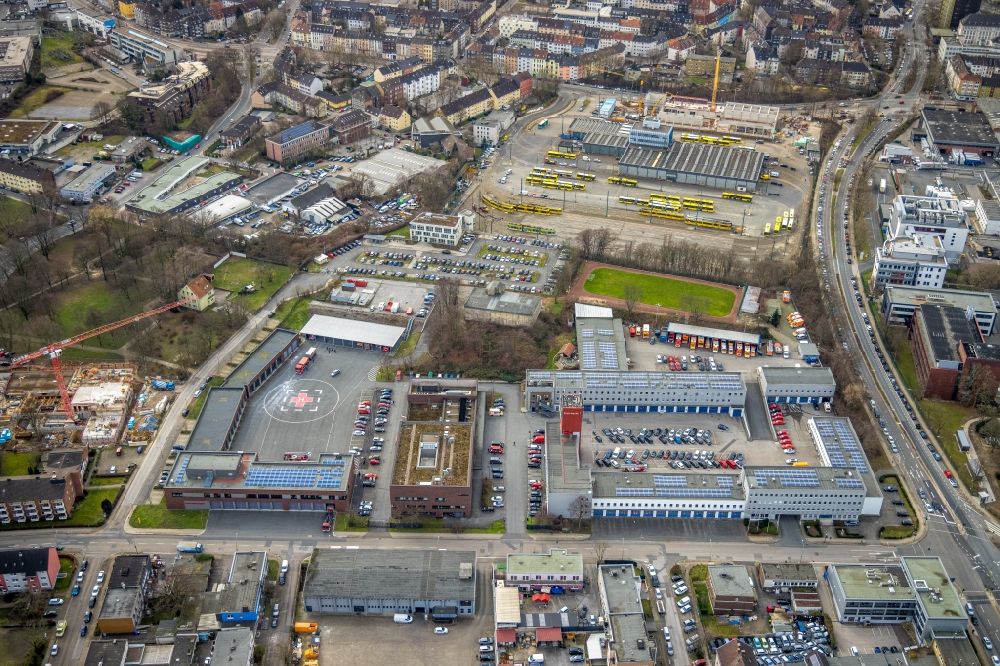 Aerial image Essen - Construction site to build on the premises of the depot Betriebswerkstatt Beuststrasse in the district Ostviertel in Essen in the Ruhr area in the state North Rhine-Westphalia, Germany