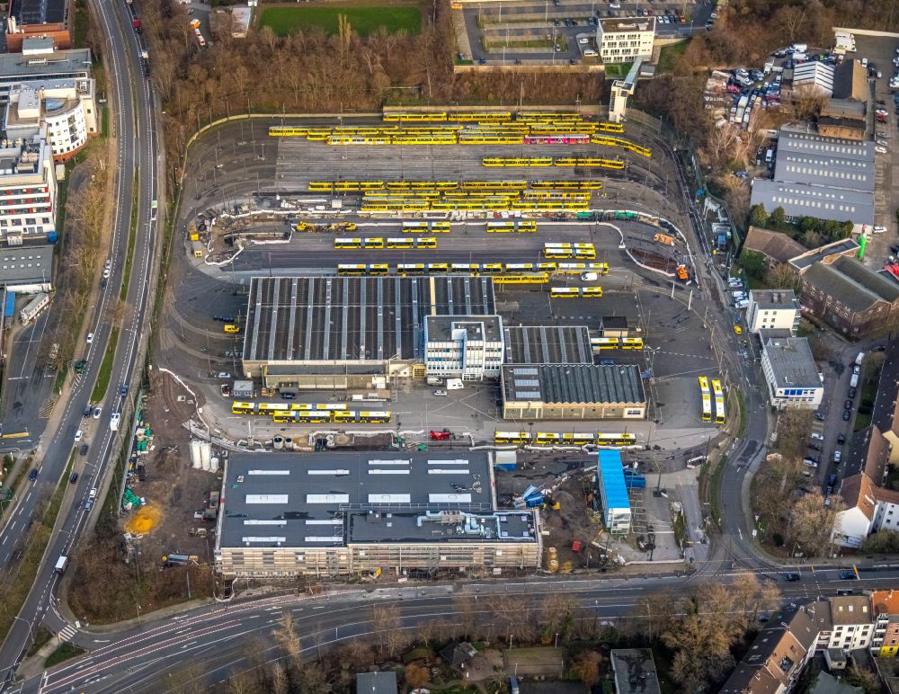 Essen from above - Construction site to build on the premises of the depot Betriebswerkstatt Beuststrasse in the district Ostviertel in Essen in the Ruhr area in the state North Rhine-Westphalia, Germany