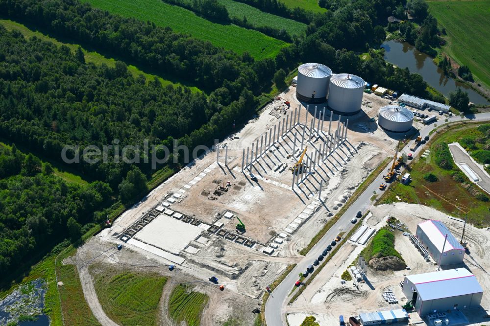 Aerial photograph Sedelsberg - Construction site for the new construction of the biogas storage containers in the biogas park in Sedelsberg in the state Lower Saxony, Germany