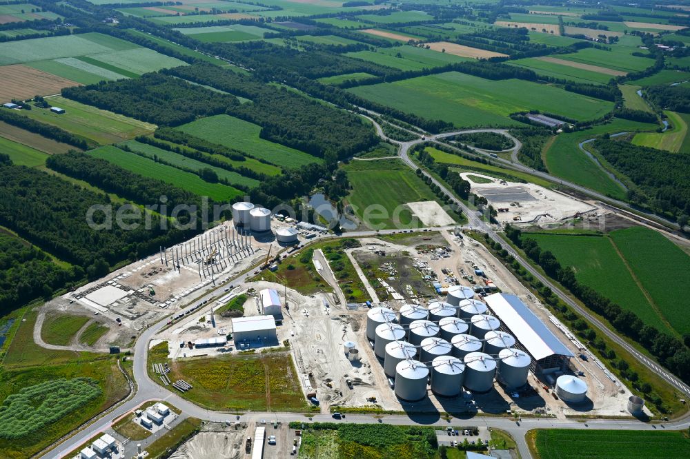 Sedelsberg from the bird's eye view: Construction site for the new construction of the biogas storage containers in the biogas park in Sedelsberg in the state Lower Saxony, Germany