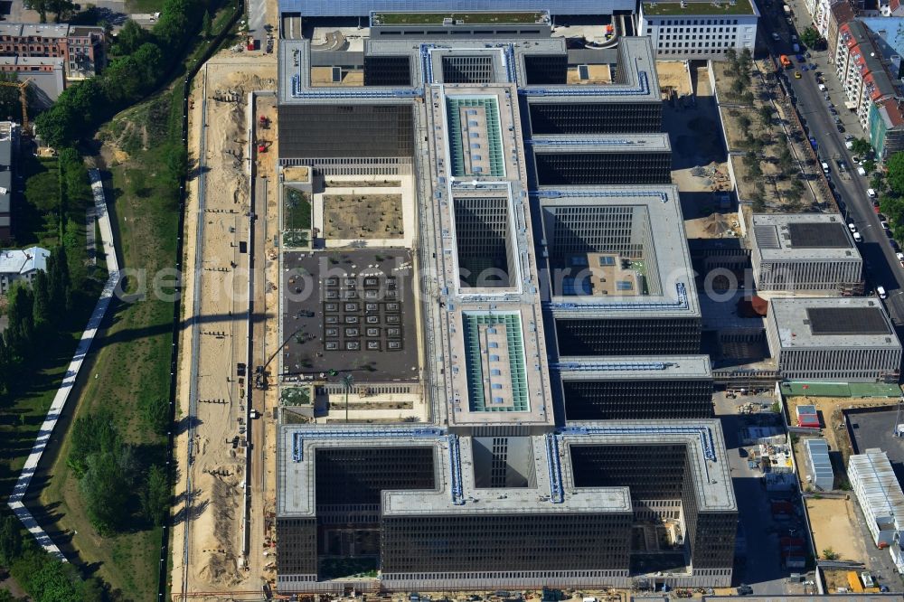 Berlin from above - View of the construction site to the new BND headquarters at Chausseestrass in the district Mitte. The Federal Intelligence Service (BND) builds on a 10 acre site for about 4,000 employees. It is built according to plans by the Berlin architects offices Kleihues + Kleihues