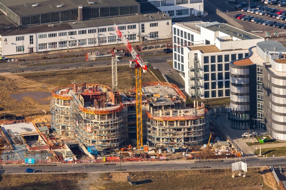 Düsseldorf from above - Construction site to build a new office and commercial building AOS on Klaus-Bungert-Strasse in the district Lohausen in Duesseldorf in the state North Rhine-Westphalia, Germany