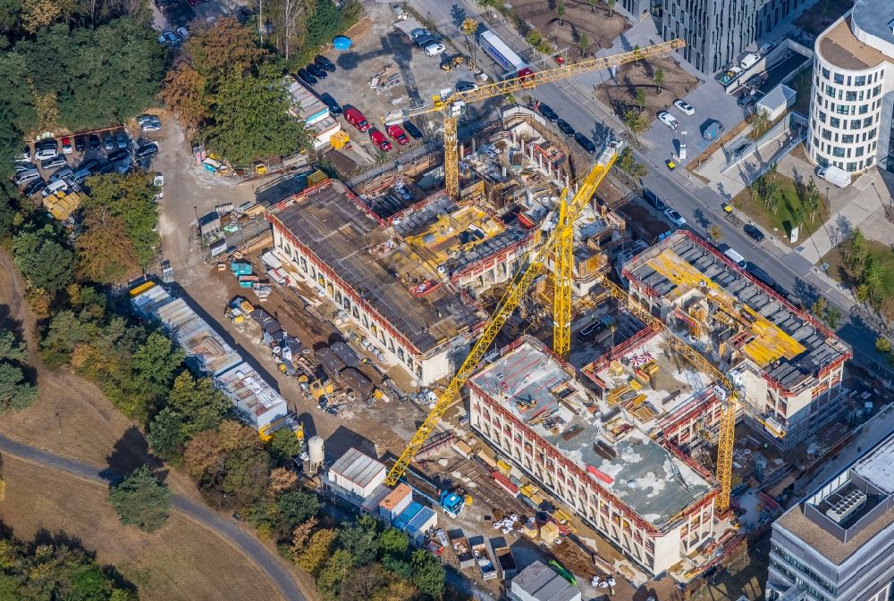 Aerial photograph Düsseldorf - Construction site to build a new office and commercial building AOS Airport Office Six on Klaus-Bungert-Strasse in the district Lohausen in Duesseldorf in the state North Rhine-Westphalia, Germany