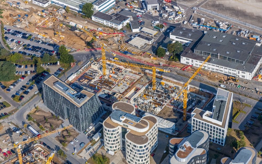 Düsseldorf from above - Construction site to build a new office and commercial building AOS Airport Office Six on Klaus-Bungert-Strasse in the district Lohausen in Duesseldorf in the state North Rhine-Westphalia, Germany