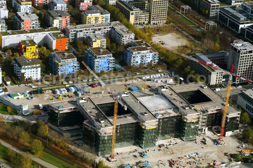 Aerial photograph München - Construction site to build a new office and commercial building on Anni-Albers-Strasse - Lyonel-Feininger-Strasse in the district Schwabing in Munich in the state Bavaria, Germany