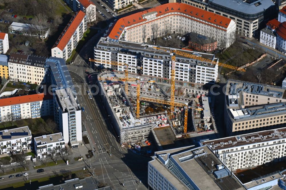 Dresden from above - Construction site to build a new office and commercial building of Annenhoefe on Schweriner Strasse corner Freiberger Strasse in the district Wilsdruffer Vorstadt in Dresden in the state Saxony, Germany