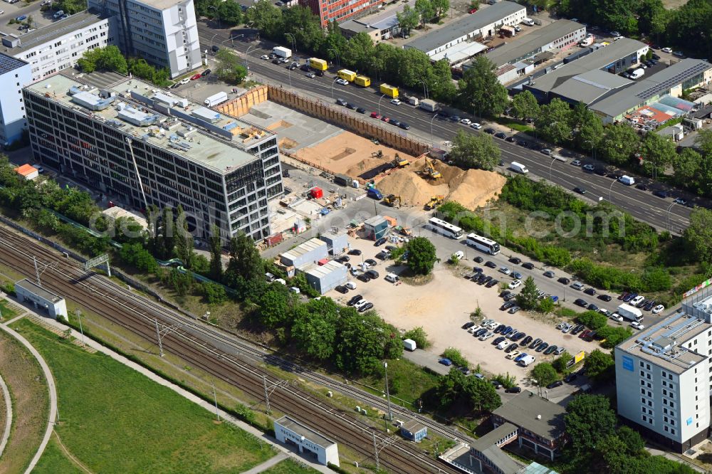 Berlin from the bird's eye view: Construction site to build a new office and commercial building of the building project Scale along the Storkower Strasse in the district Prenzlauer Berg in Berlin, Germany