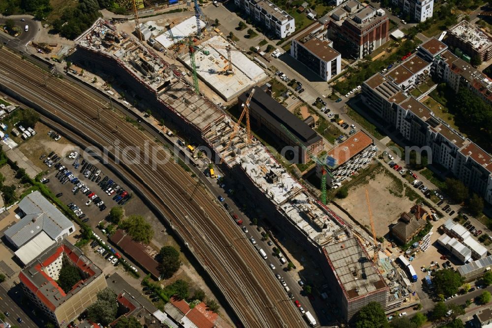 Berlin from above - Construction site to build a new office and commercial building B:HUB on Kynaststrasse - Alt-Stralau in Berlin, Germany