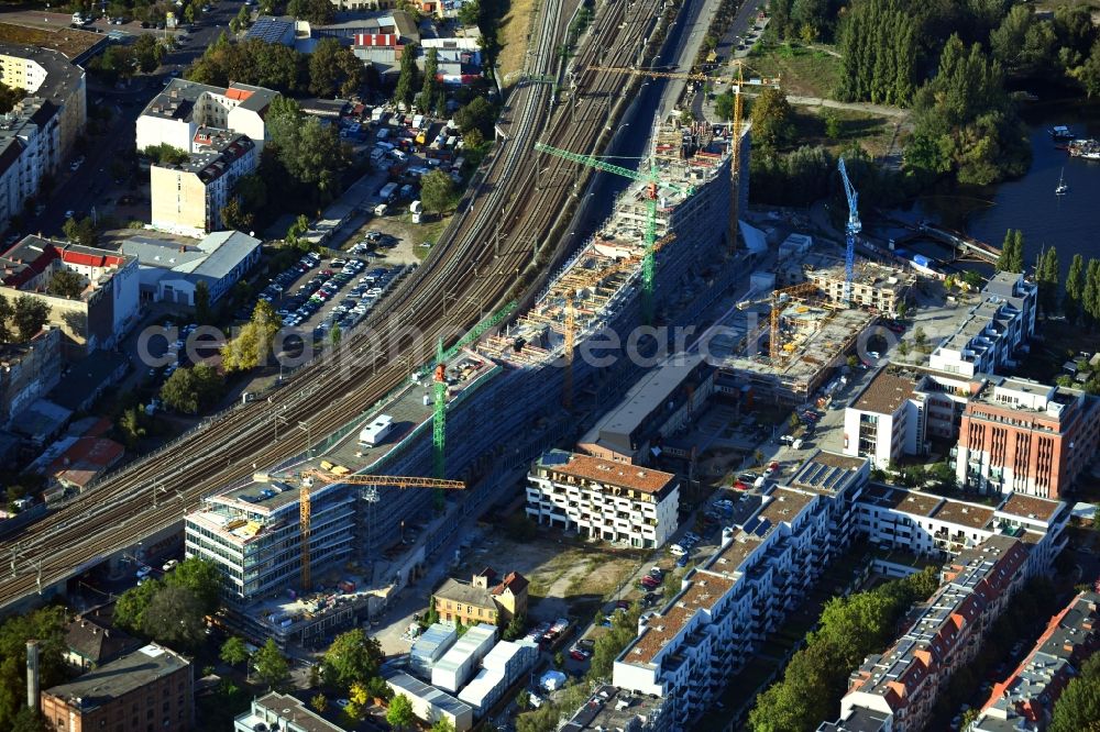 Aerial image Berlin - Construction site to build a new office and commercial building B:HUB on Kynaststrasse - Alt-Stralau in Berlin, Germany