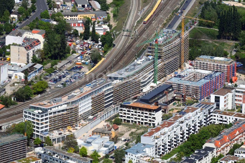 Berlin from above - Construction site to build a new office and commercial building B:HUB on Kynaststrasse - Alt-Stralau in Berlin, Germany
