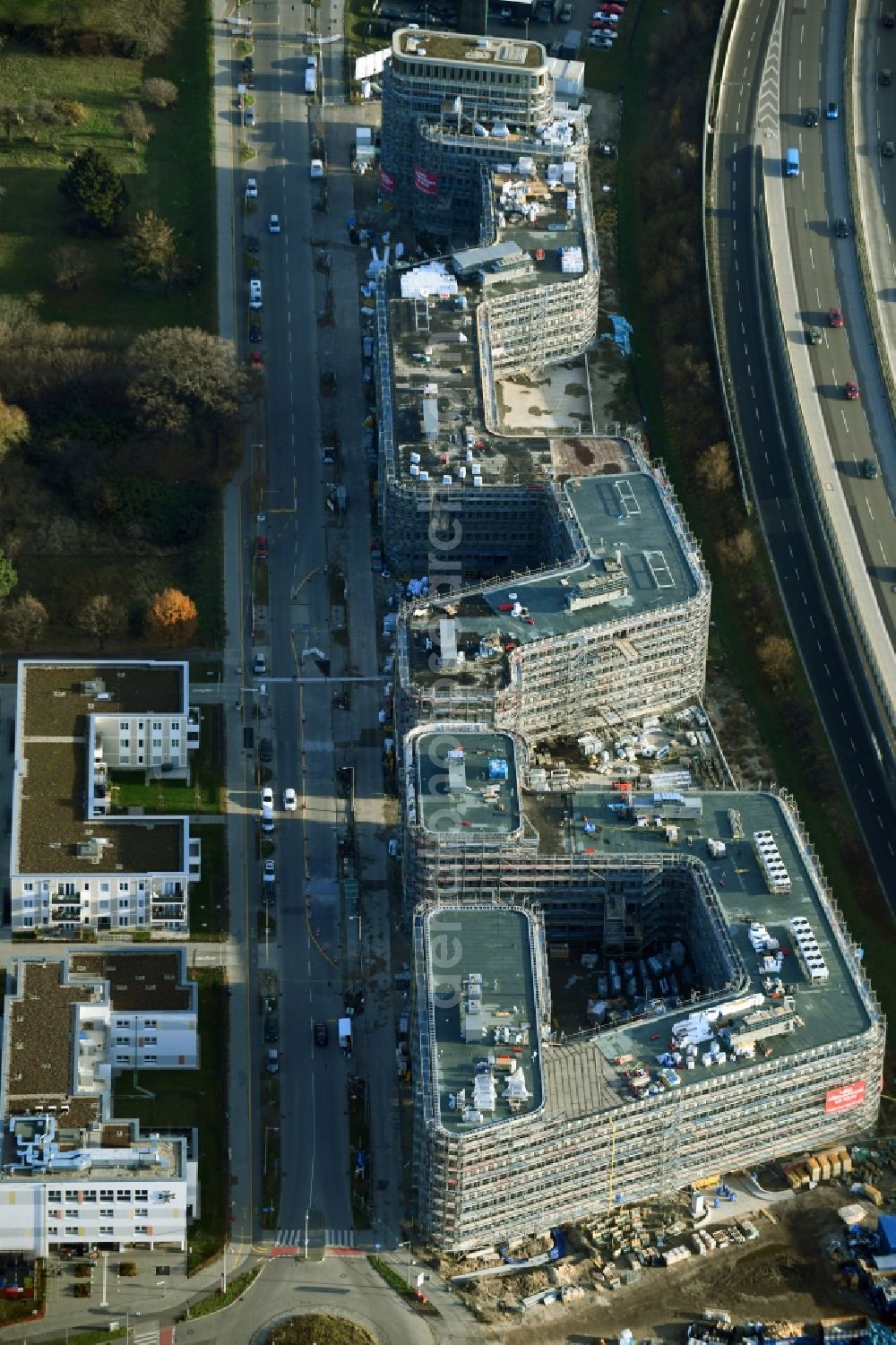Aerial image Berlin - Construction site to build a new office and commercial building Brain Box Berlin in Berlin - Adlershof, Germany