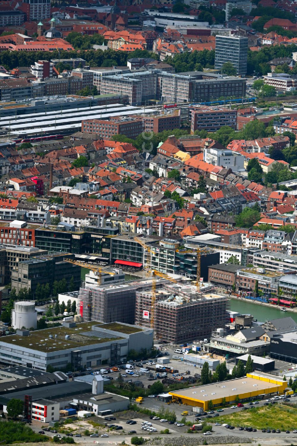 Münster from the bird's eye view: Construction site to build a new office and commercial building Dock14 on street Am Mittelhafen in the district Ost in Muenster in the state North Rhine-Westphalia, Germany